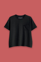 Black t-shirt with a pocket on a red background