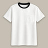 White t-shirt with black trim on a beige background