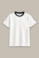 White t-shirt with black trim on a beige background